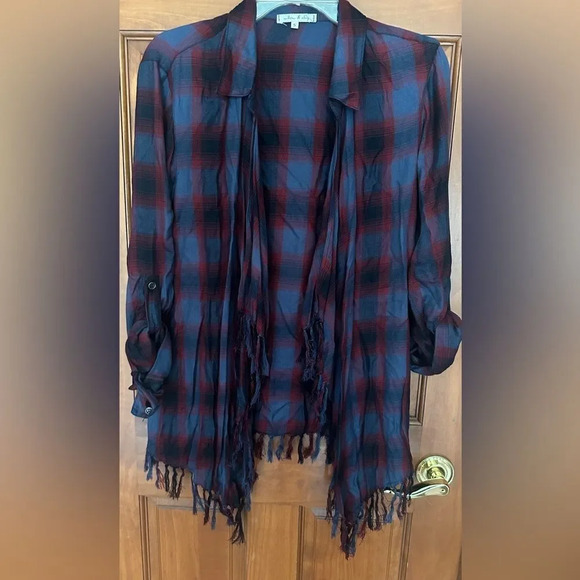 Willow & Clay Women's Blue And Red Plaid Open Cardigan Fringed Size S - Picture 2 of 4